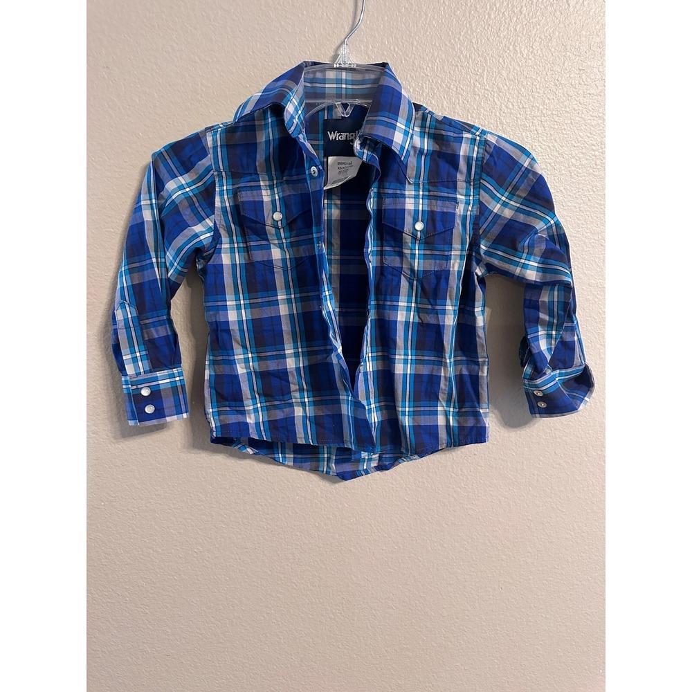 BOYS Wrangler Plaid Western Shirt Snap Button Up Long Sleeve Blue XS